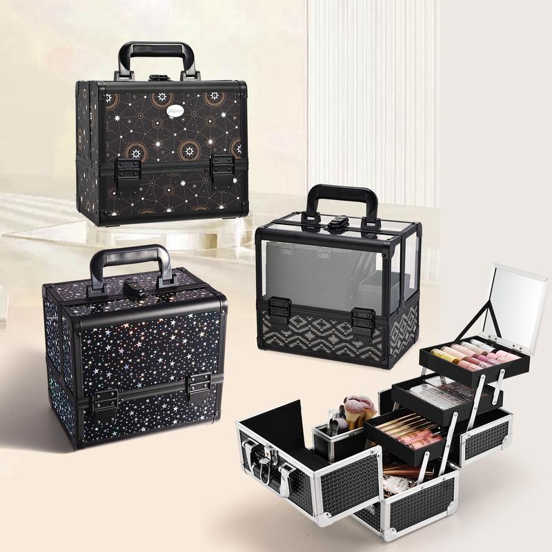 Joligrace Makeup Case with Mirror Large Makeup Box Organizer with Brush Holder 3 Trays Portable Cosmetic Travel Storage