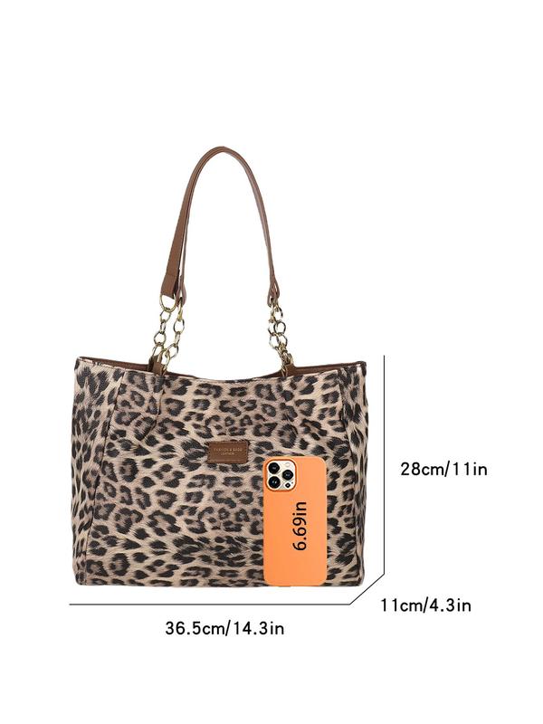 Women's Fashion Leopard Print Patched Design Tote Bag, Casual Large Capacity Shoulder Bag for Work & Daily Used, Trendy All-match Bag for Commuters and Students