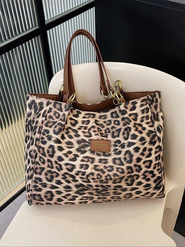 Women's Fashion Leopard Print Patched Design Tote Bag, Casual Large Capacity Shoulder Bag for Work & Daily Used, Trendy All-match Bag for Commuters and Students