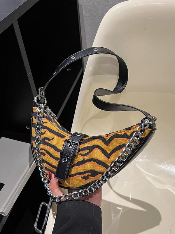 Women's Punk Fashion Tiger Print Shoulder Clutch, Trendy All-match Saddle Bag with Chain Strap, Fashionable All-match Vintage Shoulder Bag for Daily Use