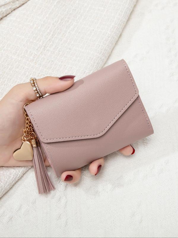 Women's Solid Color PU Leather Card Holder, with Tassel Decor, Fashionable Coin Purse, Casual Versatile Short Wallet for Daily Used