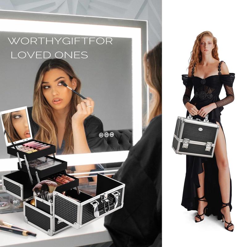 Joligrace Makeup Case with Mirror Large Makeup Box Organizer with Brush Holder 3 Trays Portable Cosmetic Travel Storage