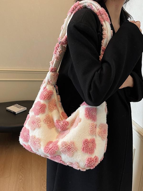 Women's Fashionable Floral Pattern Plush Tote Bag, Casual Large Capacity Shoulder Bag for Daily Used, Trendy All-match Bag for Commuters and Students