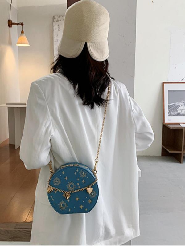 Women's Star & Moon Pattern Round Bag As Gift, 2024 Fall Heart Chain Decorated Circle Bag for Dating, Party, Elegant Fashion Pu Leather Zipper Shoulder Bag for Parties, Shopping & Back To School