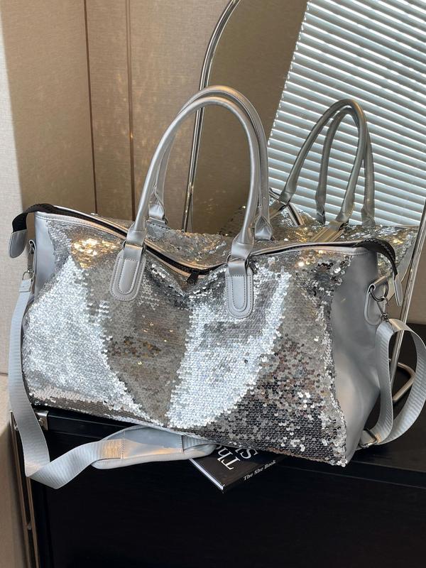 Fashion Glitter Sequin Decor Travel Bag, Large Capacity Duffel Bag with Independent Shoe Compartment, Fitness Bag for Men & Women, Travel Essentials