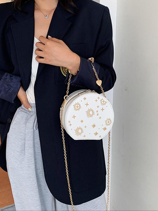 Women's Star & Moon Pattern Round Bag As Gift, 2024 Fall Heart Chain Decorated Circle Bag for Dating, Party, Elegant Fashion Pu Leather Zipper Shoulder Bag for Parties, Shopping & Back To School