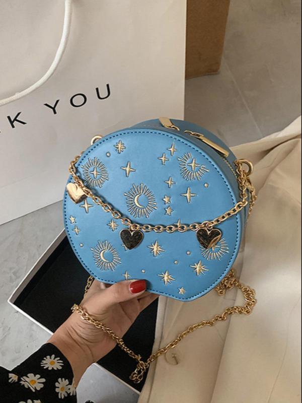 Women's Star & Moon Pattern Round Bag As Gift, 2024 Fall Heart Chain Decorated Circle Bag for Dating, Party, Elegant Fashion Pu Leather Zipper Shoulder Bag for Parties, Shopping & Back To School