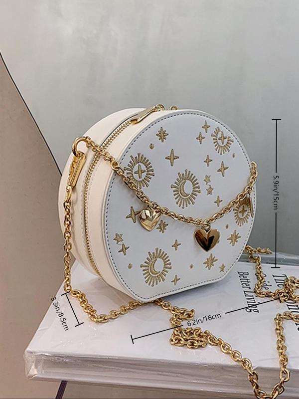 Women's Star & Moon Pattern Round Bag As Gift, 2024 Fall Heart Chain Decorated Circle Bag for Dating, Party, Elegant Fashion Pu Leather Zipper Shoulder Bag for Parties, Shopping & Back To School