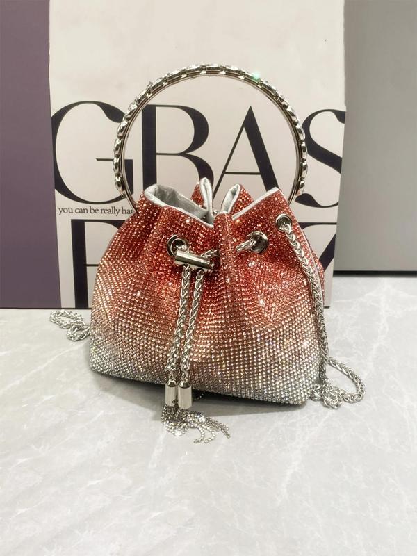 Women's Summer Rhinestone Decorated Evening Bag with Round Top Handle, Summer 2024 New Trendy Elegant Shiny Tassel Drawstring Design Shoulder Bag for Party, All-match Commuter Bag for Summer Work & Daily Used