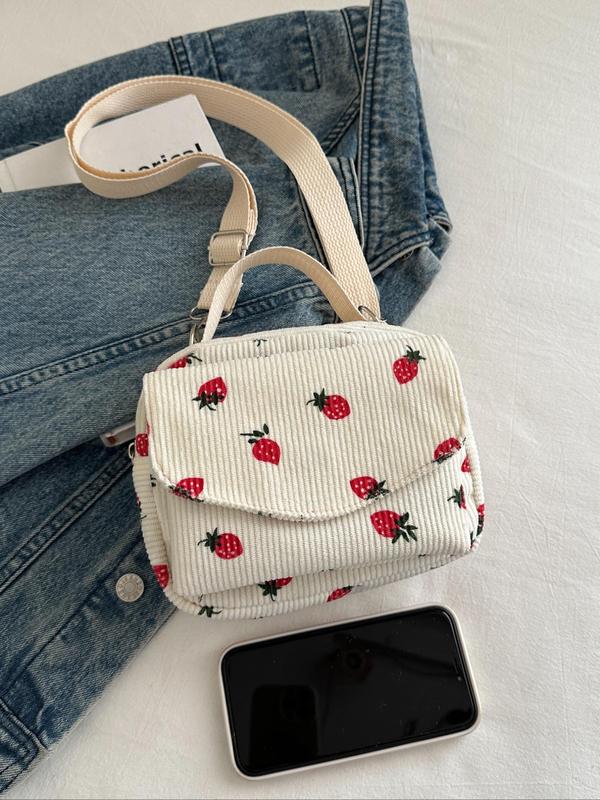 Women's Strawberry Pattern Corduroy Crossbody Bag, Fashionable Zipper Phone Wallet Bag for Daily Used, Casual Trendy Versatile High-quality Daily Commuting Bag