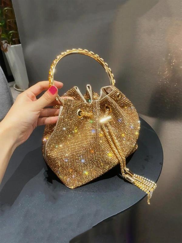 Women's Summer Rhinestone Decorated Evening Bag with Round Top Handle, Summer 2024 New Trendy Elegant Shiny Tassel Drawstring Design Shoulder Bag for Party, All-match Commuter Bag for Summer Work & Daily Used