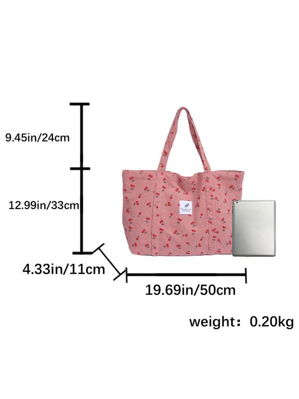 Cherry Pattern Letter Patched Design Tote Bag, Large Capacity Shoulder Bag for Women & Girls, Casual Trendy Versatile High-quality Daily Commuting Bag