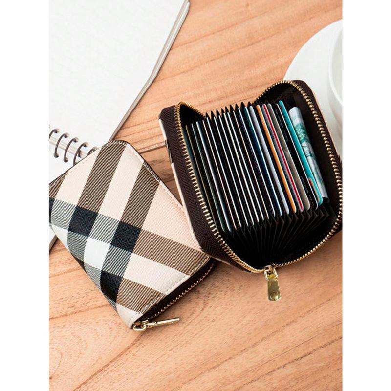 Plaid Pattern Card Holder, Mini Zipper Around Coin Purse, Faux Leather Short Wallet (4.5*3*0.8) Inch School Supplies Teacher Gifts Back To School