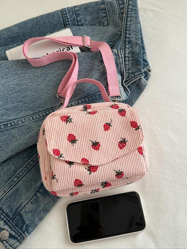 Women's Strawberry Pattern Corduroy Crossbody Bag, Fashionable Zipper Phone Wallet Bag for Daily Used, Casual Trendy Versatile High-quality Daily Commuting Bag