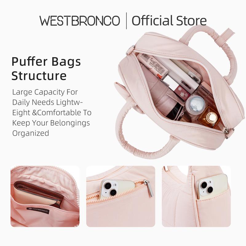 WESTBRONCO Women Puffer Bag Quilted Crossbody Bow Bags for Women Nylon Shoulder Handbag with Adjustable Strap Gym Travel