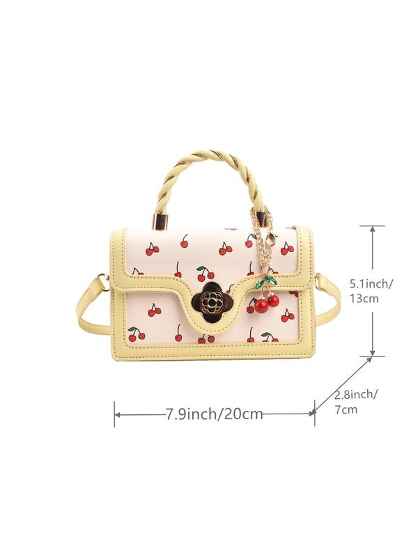 Women's Summer Cherry Pattern Handbag As Gift, 2024 Fashionable Cute Twist Handle Crossbody Bag, Casual All-match Commuter Bag with Pendant for School, Work, Shopping