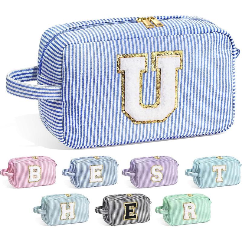 Travel Makeup Bag for Women - Monogram Cute Initial Blue Makeup Bags Cosmetic Toiletry Pouch Make Up Case for Women Her Best Friend Friendship Sister, Personalized Birthday Gifts for Women U