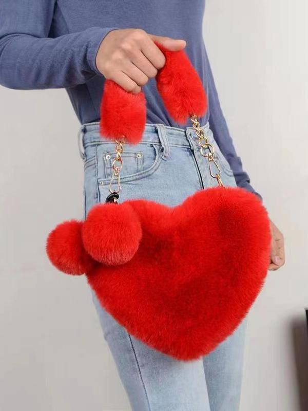 Cute Heart Design Fluffy Plush Handbag for Women, Pom Pom Decorated Zipper Everyday Bags for Party for Daily Used, Casual Trendy Versatile High-quality Commuting Bag, Luxury Handbags