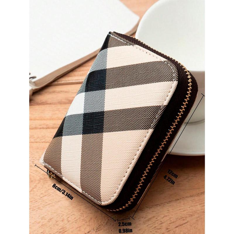 Plaid Pattern Card Holder, Mini Zipper Around Coin Purse, Faux Leather Short Wallet (4.5*3*0.8) Inch School Supplies Teacher Gifts Back To School