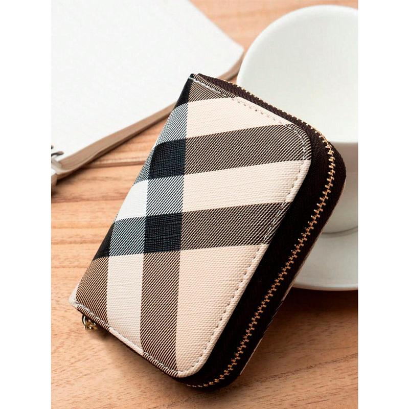 Plaid Pattern Card Holder, Mini Zipper Around Coin Purse, Faux Leather Short Wallet (4.5*3*0.8) Inch School Supplies Teacher Gifts Back To School