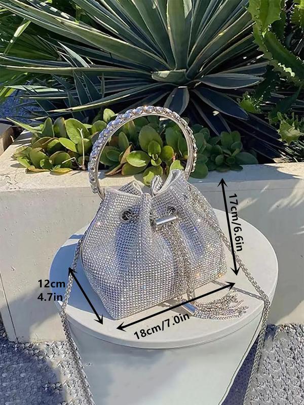 Women's Summer Rhinestone Decorated Evening Bag with Round Top Handle, Summer 2024 New Trendy Elegant Shiny Tassel Drawstring Design Shoulder Bag for Party, All-match Commuter Bag for Summer Work & Daily Used