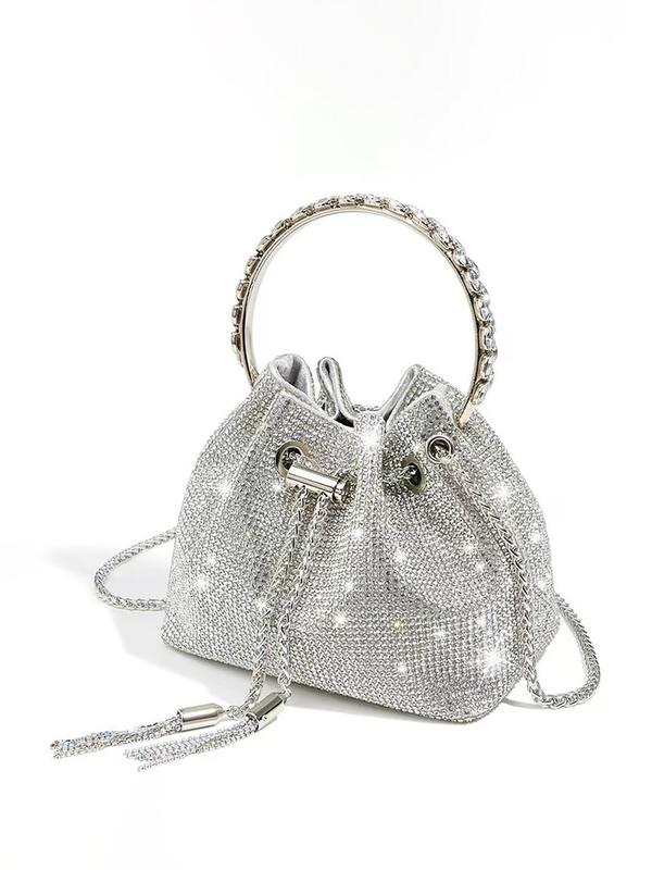 Women's Summer Rhinestone Decorated Evening Bag with Round Top Handle, Summer 2024 New Trendy Elegant Shiny Tassel Drawstring Design Shoulder Bag for Party, All-match Commuter Bag for Summer Work & Daily Used