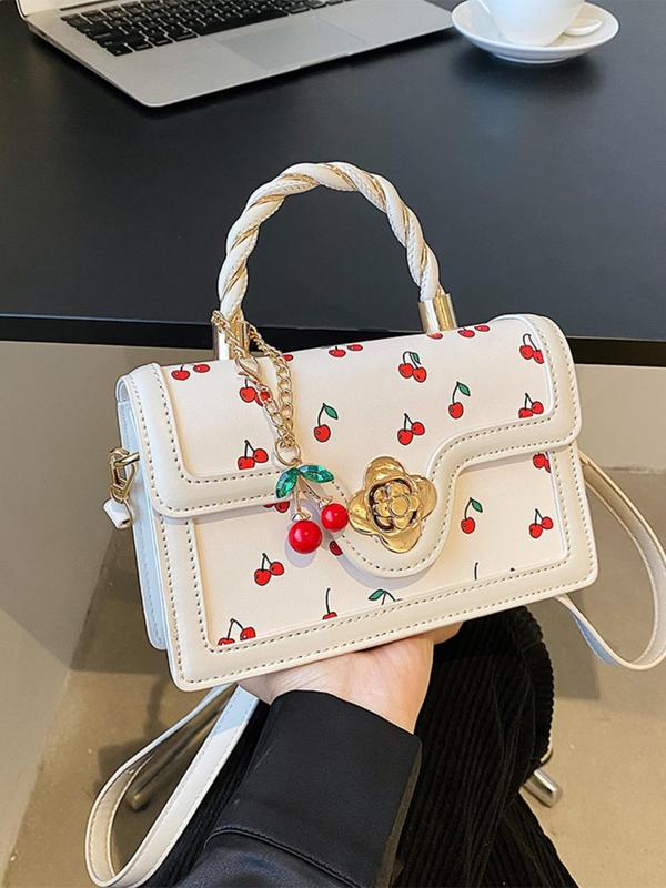 Women's Summer Cherry Pattern Handbag As Gift, 2024 Fashionable Cute Twist Handle Crossbody Bag, Casual All-match Commuter Bag with Pendant for School, Work, Shopping