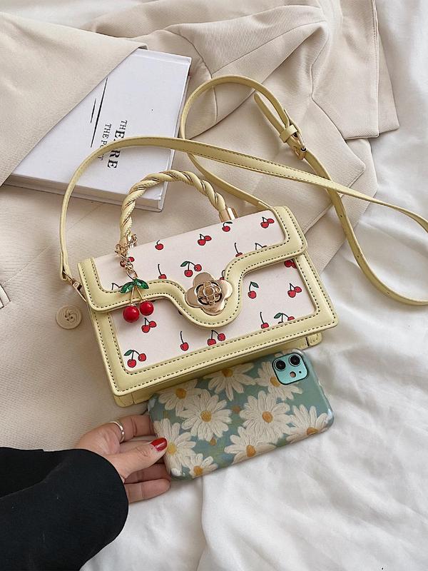 Women's Summer Cherry Pattern Handbag As Gift, 2024 Fashionable Cute Twist Handle Crossbody Bag, Casual All-match Commuter Bag with Pendant for School, Work, Shopping