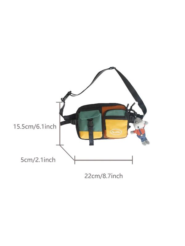 Fashion Color Block Chest Pack, Casual Zipper Sling Bag with Cute Cartoon Cow Bag Charm, Trendy Versatile High-quality Daily Commuting Bag, Girl Fashionable Shopping Bag