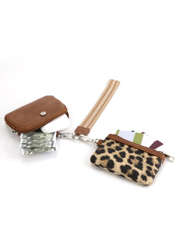 Women's Fashion Leopard Print Zipper 2 in 1 Wristlet, 2024 New Style Casual Versatile Pu Leather Coin Purse, Trendy All-match Mini Wallet for Daily Travel Work Commute