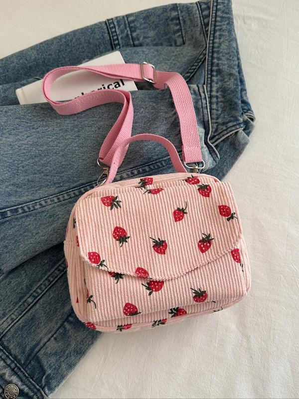 Women's Strawberry Pattern Corduroy Crossbody Bag, Fashionable Zipper Phone Wallet Bag for Daily Used, Casual Trendy Versatile High-quality Daily Commuting Bag