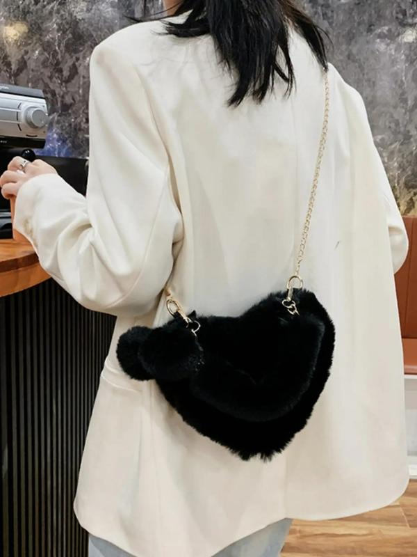 Cute Heart Design Fluffy Plush Handbag for Women, Pom Pom Decorated Zipper Everyday Bags for Party for Daily Used, Casual Trendy Versatile High-quality Commuting Bag, Luxury Handbags