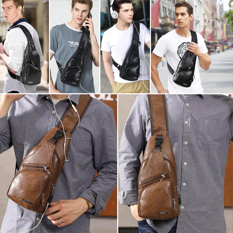 Men's Small Sling Bag Crossbody Sling Backpack Chest Pack Outdoor Hiking Travel Pu Leather Shoulder Bag