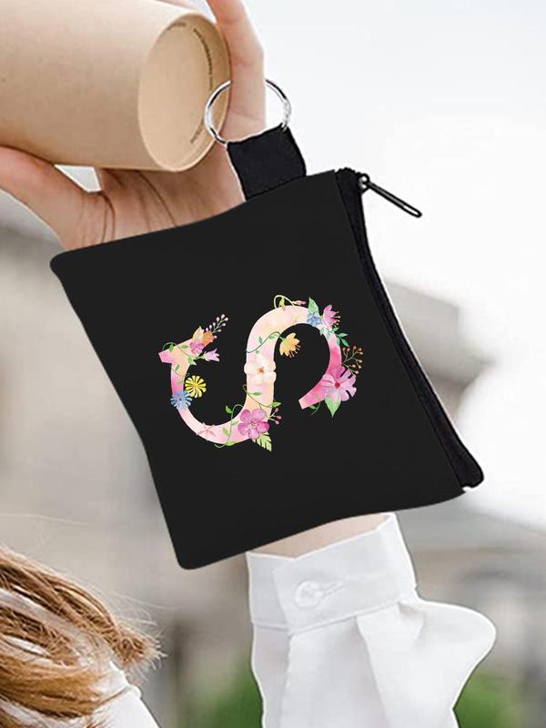 Fashion Letter Pattern Zipper Coin Purse, Portable Coin Purse, Key Earphone Bag with Keyring, Floral Letter Perfect Coin Bag for Daily Use Gifts for Women and Girls