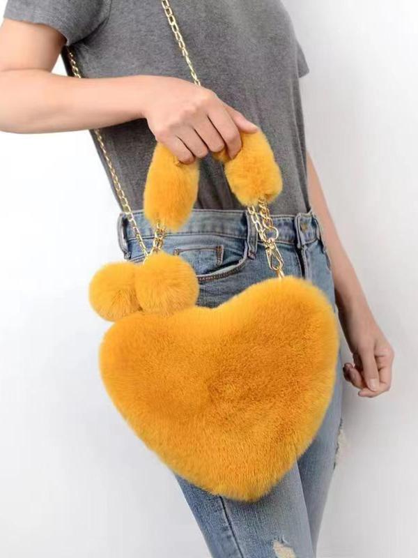 Cute Heart Design Fluffy Plush Handbag for Women, Pom Pom Decorated Zipper Everyday Bags for Party for Daily Used, Casual Trendy Versatile High-quality Commuting Bag, Luxury Handbags