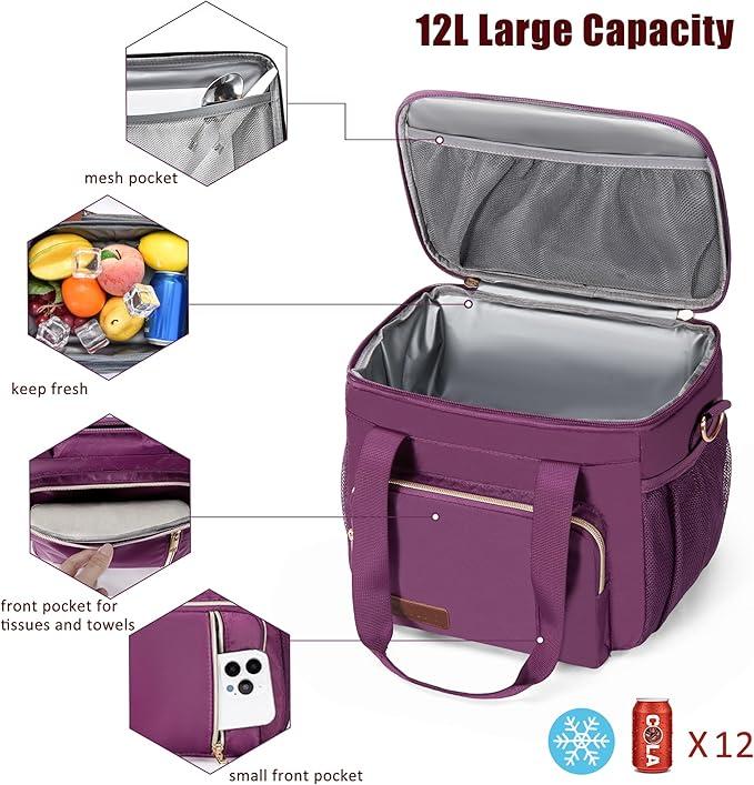 Insulated Lunch Bags for Women Men Lunch Bags Large Lunch Box Leakproof Soft Cooler Tote Bag (Purple 12L)