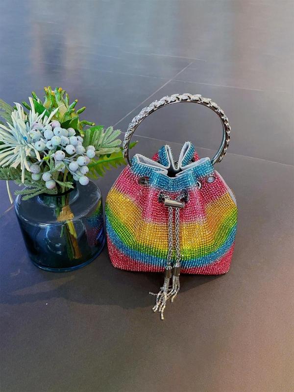 Women's Summer Rhinestone Decorated Evening Bag with Round Top Handle, Summer 2024 New Trendy Elegant Shiny Tassel Drawstring Design Shoulder Bag for Party, All-match Commuter Bag for Summer Work & Daily Used