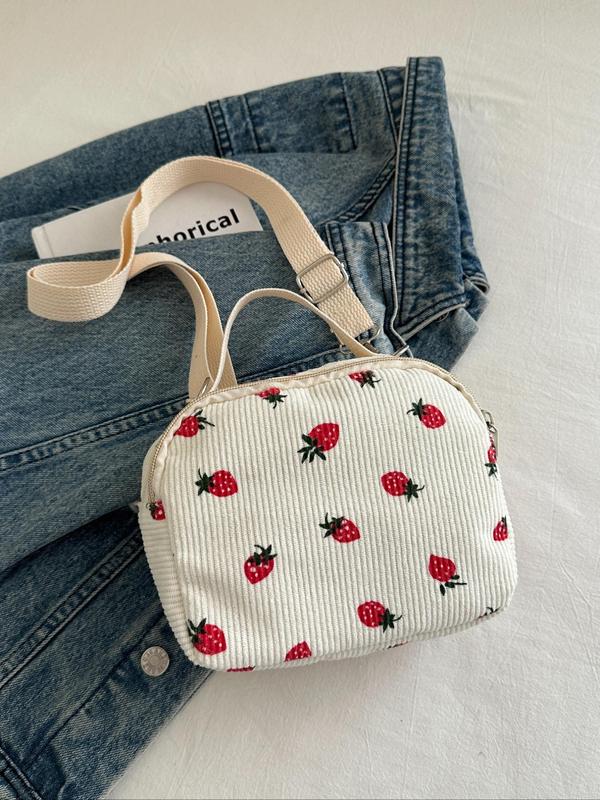 Women's Strawberry Pattern Corduroy Crossbody Bag, Fashionable Zipper Phone Wallet Bag for Daily Used, Casual Trendy Versatile High-quality Daily Commuting Bag