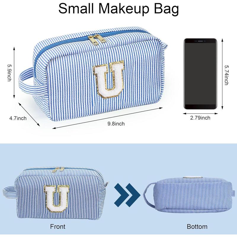 Travel Makeup Bag for Women - Monogram Cute Initial Blue Makeup Bags Cosmetic Toiletry Pouch Make Up Case for Women Her Best Friend Friendship Sister, Personalized Birthday Gifts for Women U