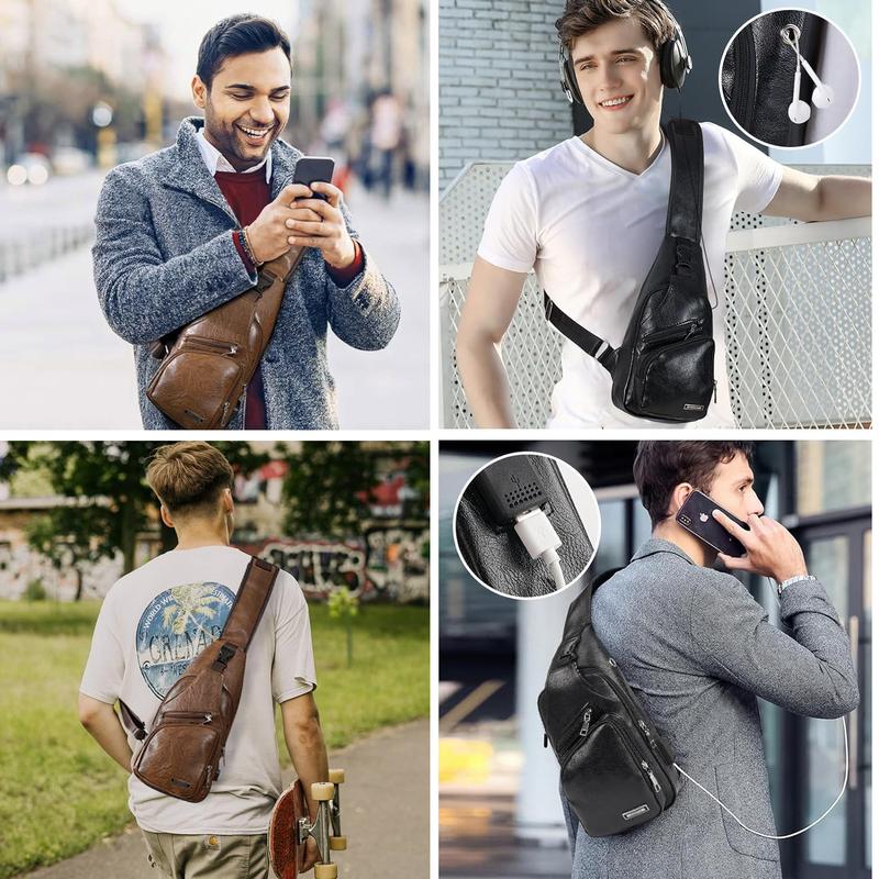 Men's Small Sling Bag Crossbody Sling Backpack Chest Pack Outdoor Hiking Travel Pu Leather Shoulder Bag