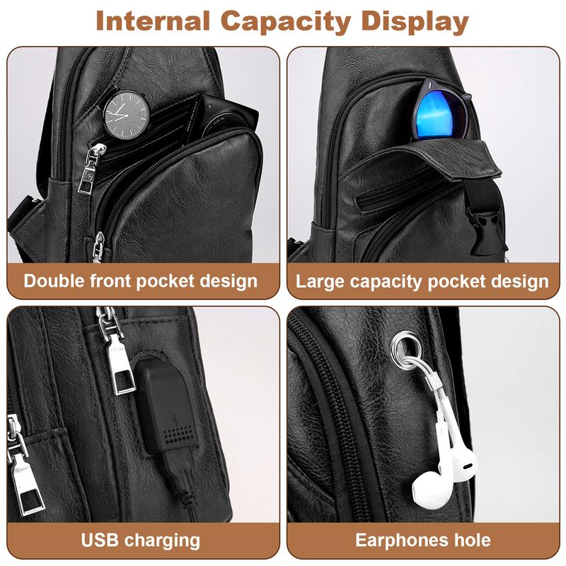 Men's Small Sling Bag Crossbody Sling Backpack Chest Pack Outdoor Hiking Travel Pu Leather Shoulder Bag