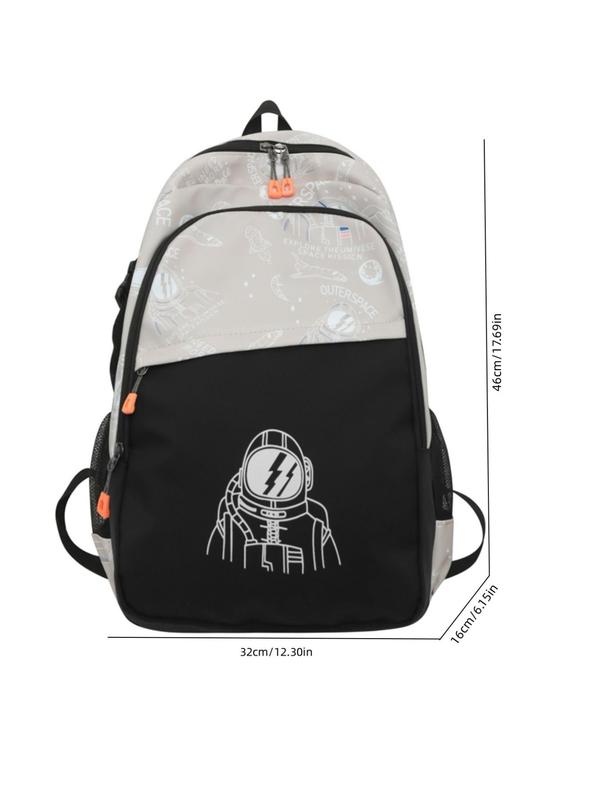 Fashion Color Block Cartoon Graphic Print Oxford Zipper Backpack, Casual Lightweight Large Capacity Student School Bag, Unisex