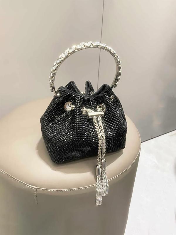 Women's Summer Rhinestone Decorated Evening Bag with Round Top Handle, Summer 2024 New Trendy Elegant Shiny Tassel Drawstring Design Shoulder Bag for Party, All-match Commuter Bag for Summer Work & Daily Used