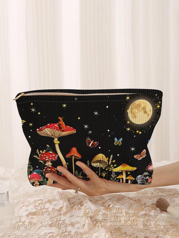 Mushroom & Butterfly Pattern Mini Makeup Bag, Corduroy Zipper Makeup Bag, Multi-functional Portable Storage Bag, Travel Makeup Bag for Women & Girls for Travel Essentials