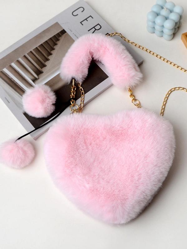 Cute Heart Design Fluffy Plush Handbag for Women, Pom Pom Decorated Zipper Everyday Bags for Party for Daily Used, Casual Trendy Versatile High-quality Commuting Bag, Luxury Handbags