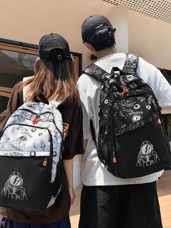 Fashion Color Block Cartoon Graphic Print Oxford Zipper Backpack, Casual Lightweight Large Capacity Student School Bag, Unisex