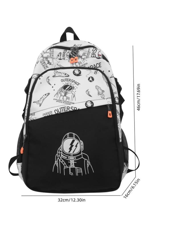 Fashion Color Block Cartoon Graphic Print Oxford Zipper Backpack, Casual Lightweight Large Capacity Student School Bag, Unisex