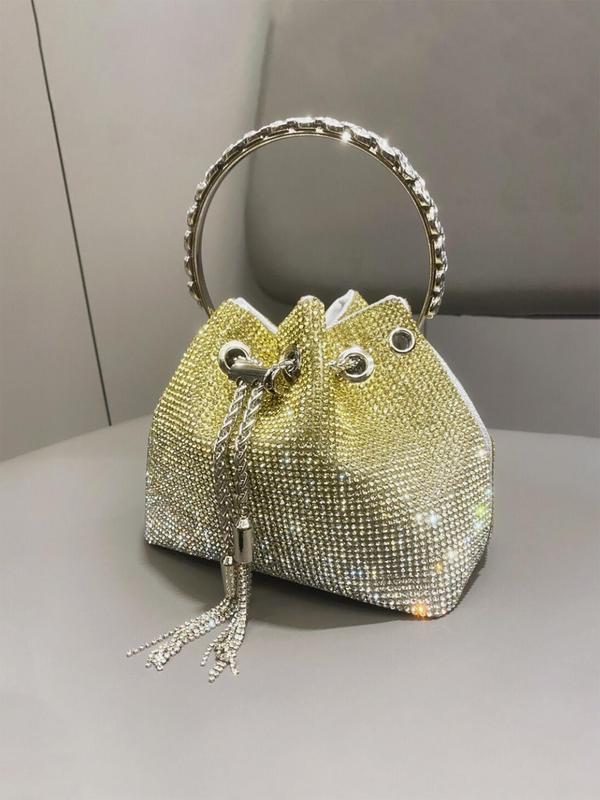 Women's Summer Rhinestone Decorated Evening Bag with Round Top Handle, Summer 2024 New Trendy Elegant Shiny Tassel Drawstring Design Shoulder Bag for Party, All-match Commuter Bag for Summer Work & Daily Used