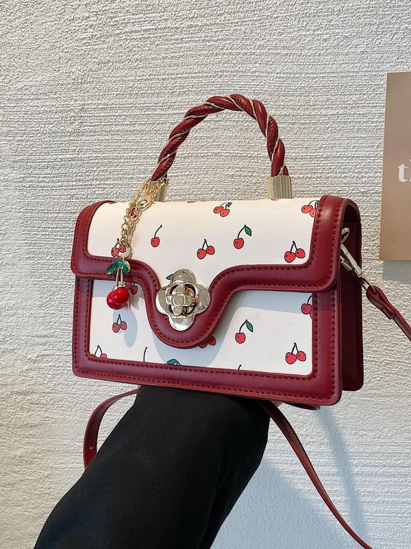 Women's Summer Cherry Pattern Handbag As Gift, 2024 Fashionable Cute Twist Handle Crossbody Bag, Casual All-match Commuter Bag with Pendant for School, Work, Shopping