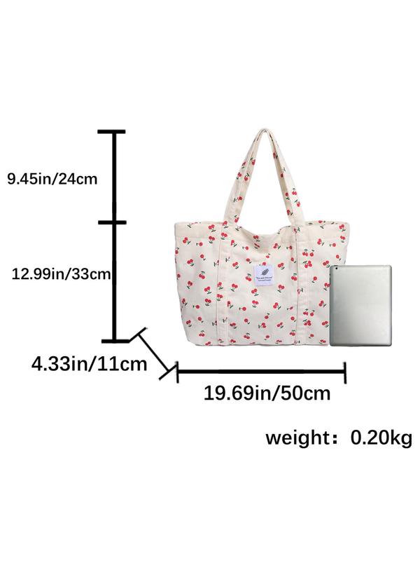 Cherry Pattern Letter Patched Design Tote Bag, Large Capacity Shoulder Bag for Women & Girls, Casual Trendy Versatile High-quality Daily Commuting Bag